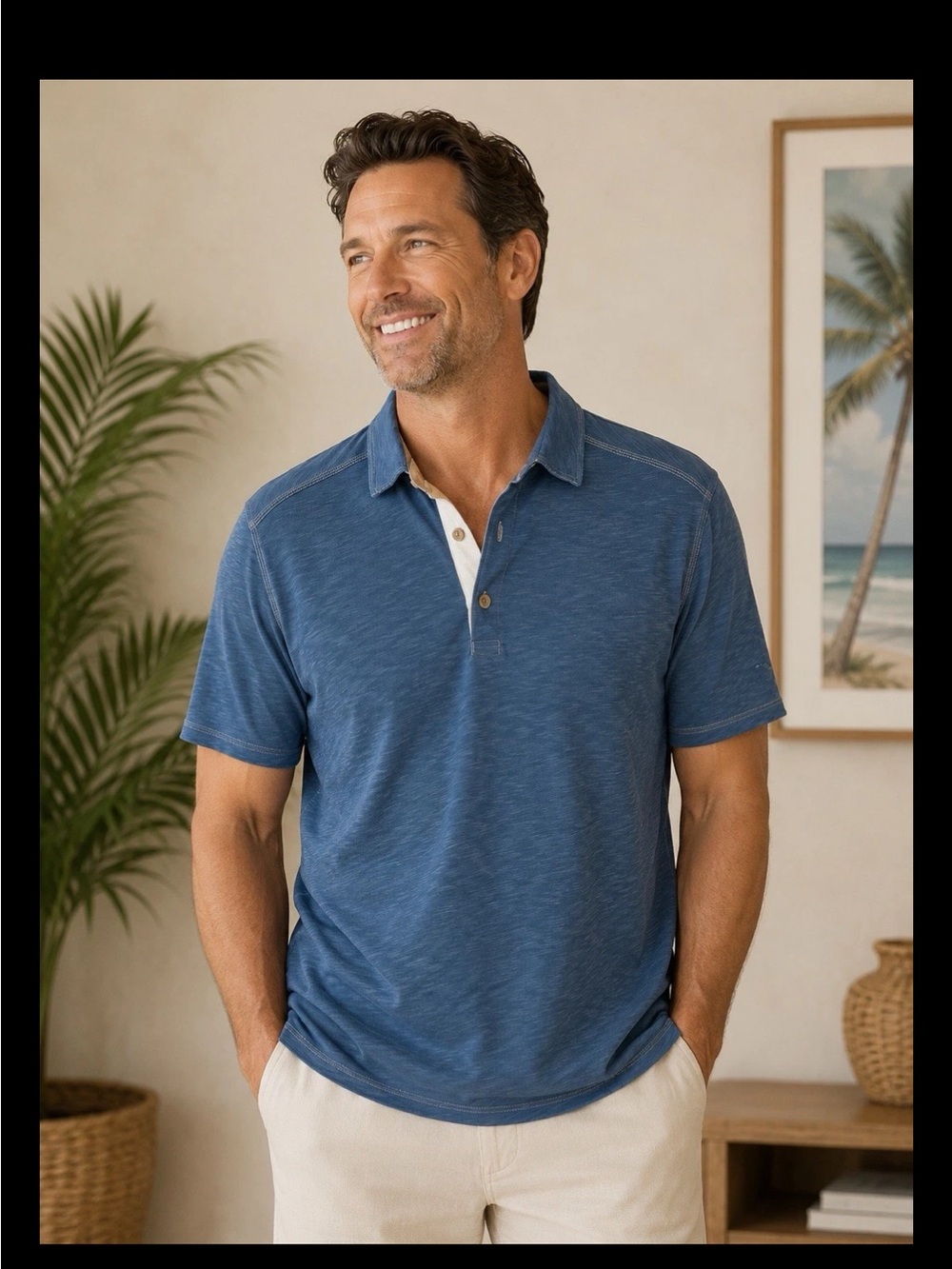 Tommy Bahama Polo Denim Blue Shark Logo On Sleeve Size Large